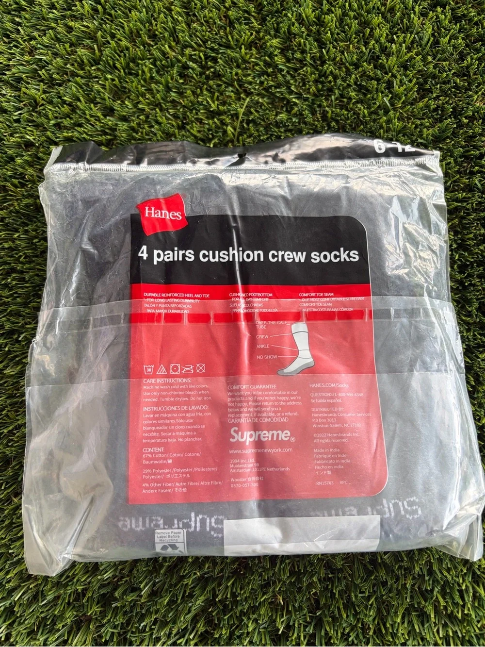 Supreme Hanes Sup 4-Pack Cushion Crew Socks - Black